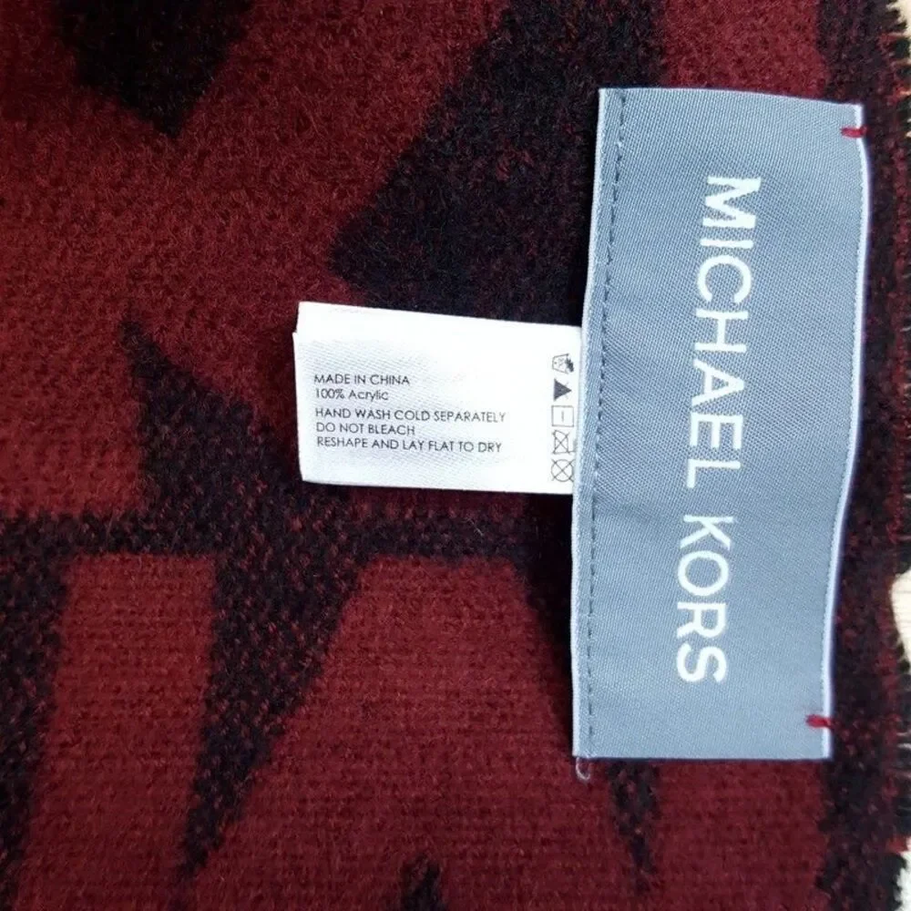 MICHAEL KORS Scarf Burgundy Giant Logo MK Monogram Frayed Hem Maroon 66x12 - Picture 2 of 5